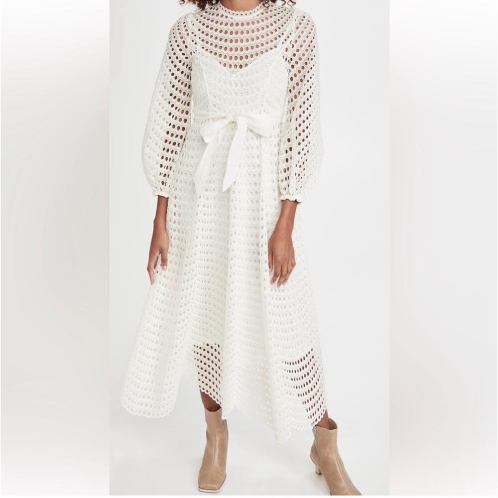 ZIMMERMAN Poppy Broderie Anglaise Voile Scalloped Hem Maxi Dress White Size 2